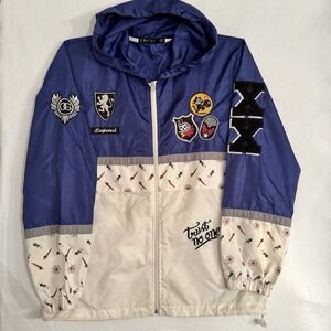 Focus Mens Graphic Blue Track Windbreaker XL Jacket Extra Large w/ Hood